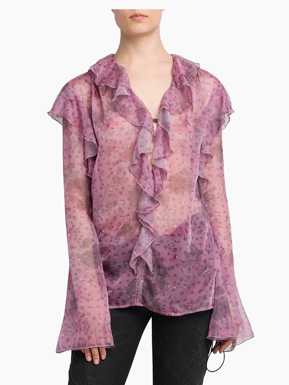 Versace Floral Chiffon Ruffle Shirt